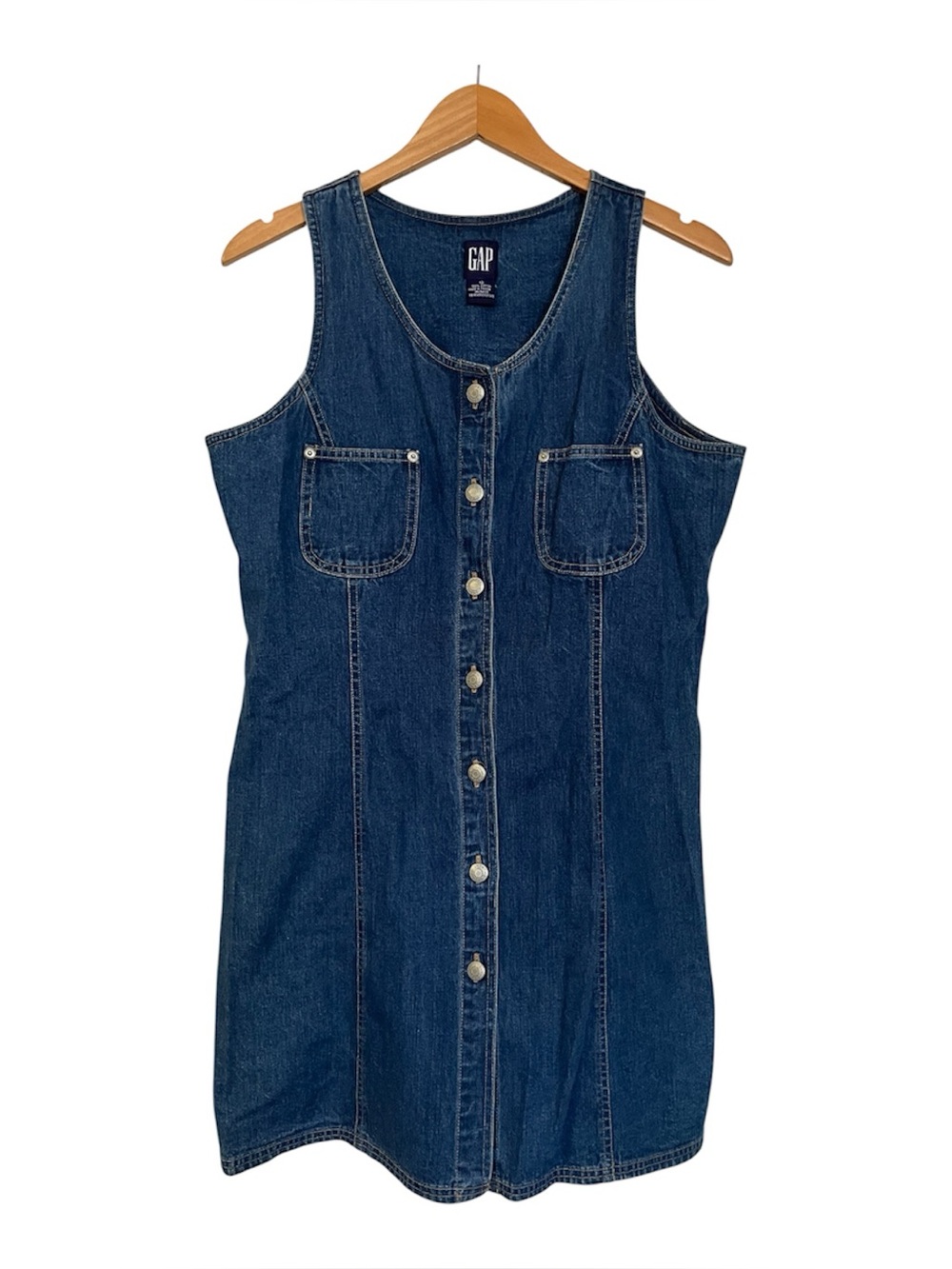 Vtg Gap Denim Jumper Jean Dress Button Front Knee Length Size 12 Y2K
